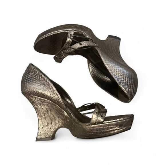 Dior Shoes - Vintage Dior silver snakeskin wedge heels